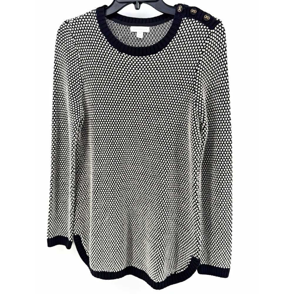 Charter Club Geometric Knit Pullover Sweater M Black White Button Shoulder